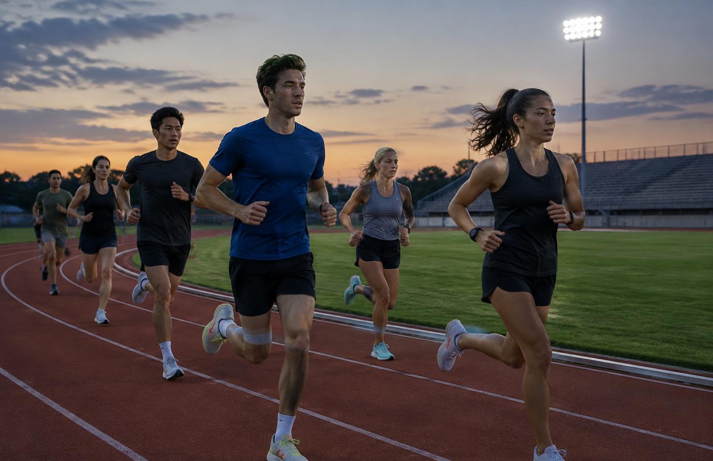 A running club mid workout on a stadium track at dusk