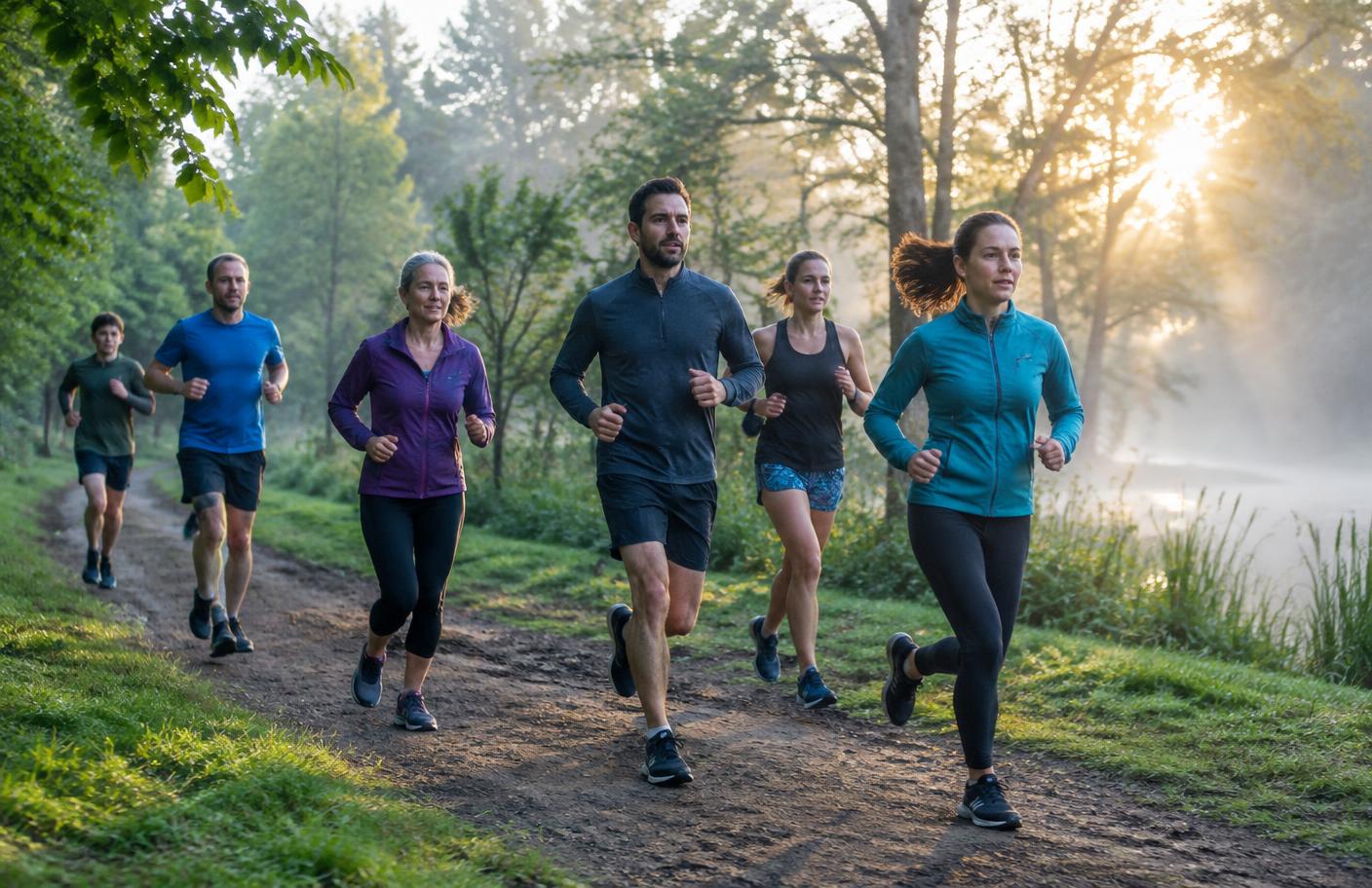 A run group jogging a park path in morning light