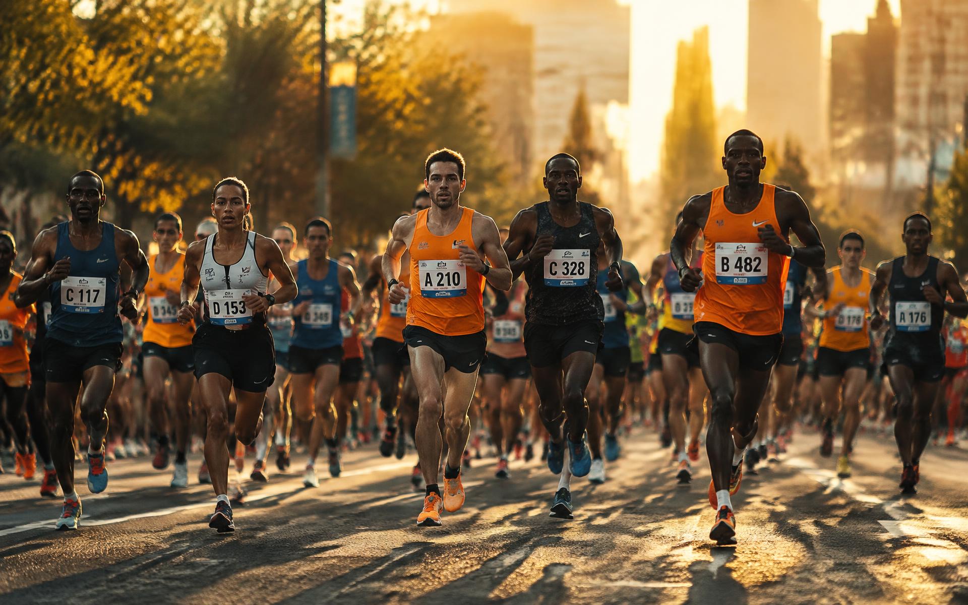 Runners racing through a city street