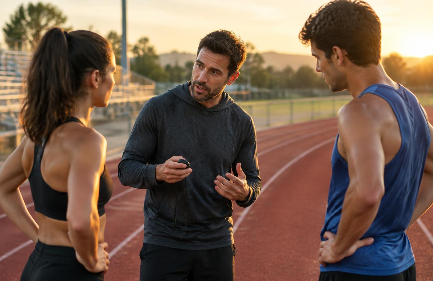 A running coach giving pointers to runners on a track